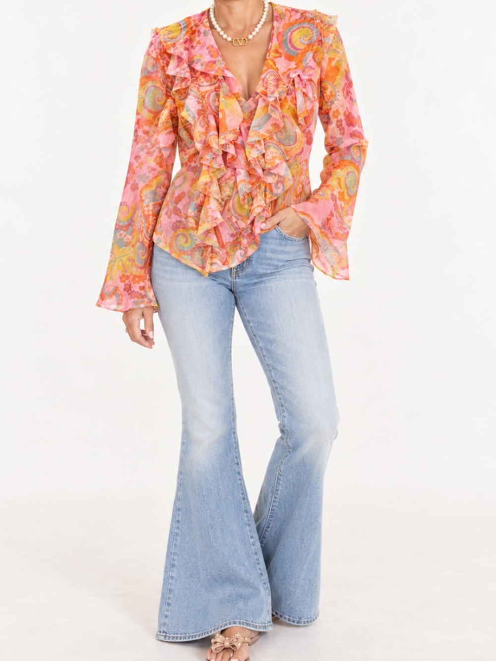 Free People Pink Paisley Ruffle Sheer Blouse XS